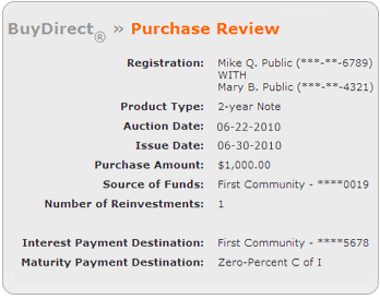 Screen segment for Purchase Review with sample Registration Information.